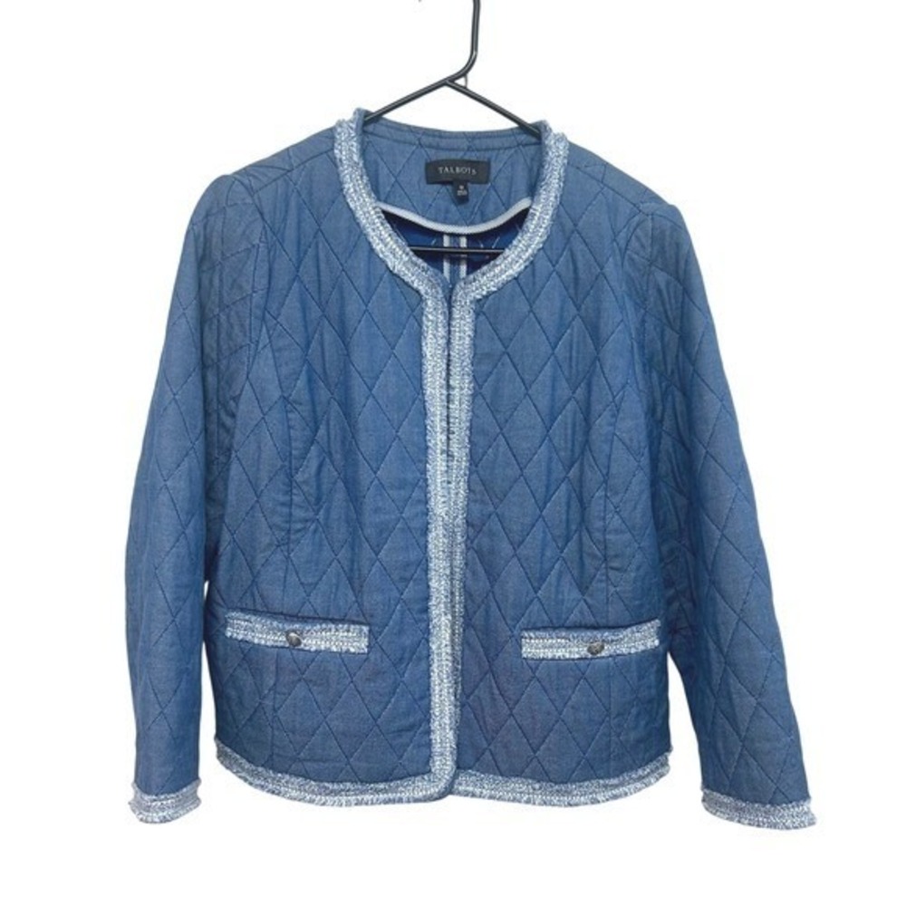 Blue Quilted Denim Jacket 12 Tweed Trim Quiet Luxury Preppy Classic Costal